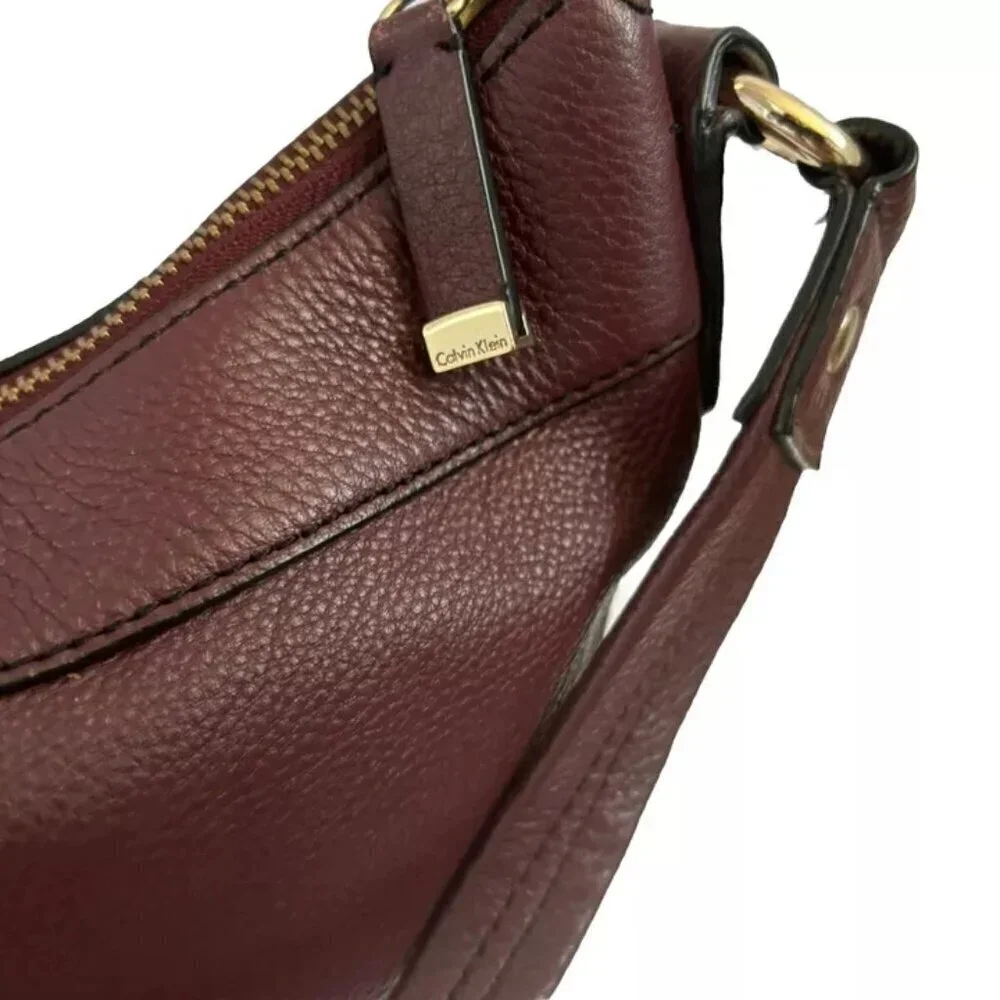 Calvin Klein Handbag Leather Satchel Burgundy Wine Shoulder Bag Tote Purse Fully